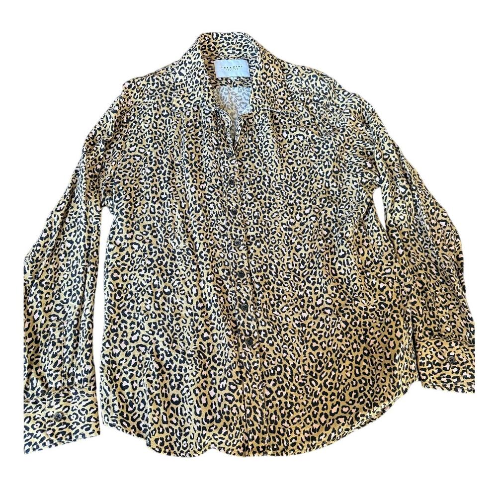 The Shirt by Rochelle Behrens Leopard Button Up Shirt L Tan Animal Print Office